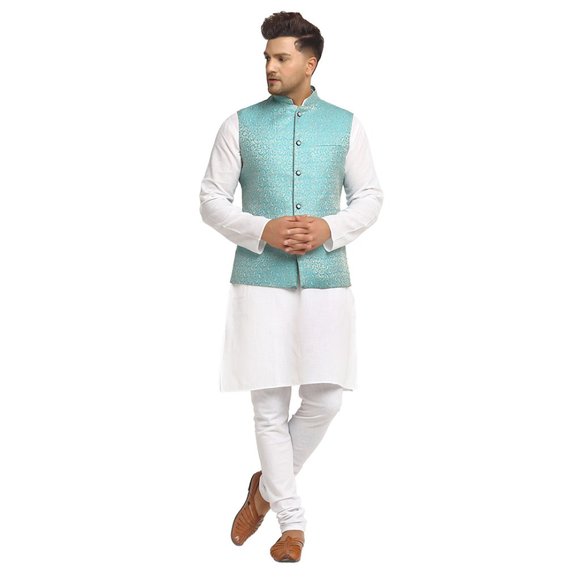 Sleeveless Traditional Brocade Silk Turquoise Blue Nehru Jacket by Treemoda - Picture 5 of 5